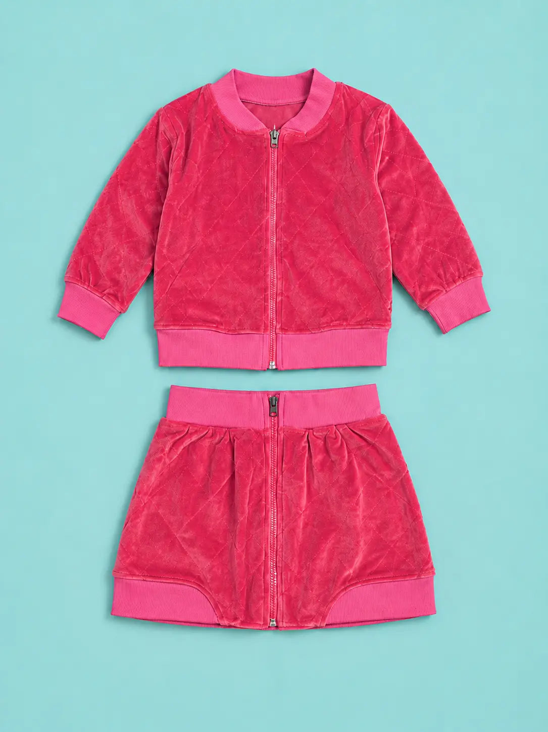 BloomUp Pink Velvet Zip-Up Jacket & Skirt-Style Shorts Co-ord Set for Kids – Premium Soft Winter Wear Outfit