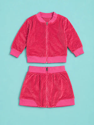 BloomUp Pink Velvet Zip-Up Jacket & Skirt-Style Shorts Co-ord Set for Kids – Premium Soft Winter Wear Outfit