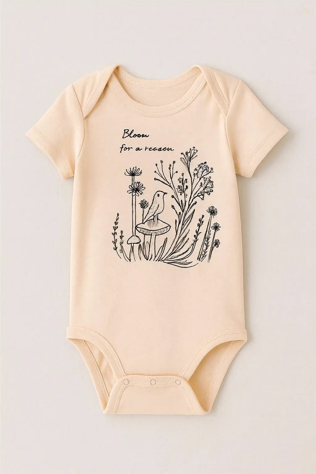 Beige Baby Bodysuit with Floral Bird Print – Soft Cotton Onesie BloomUp