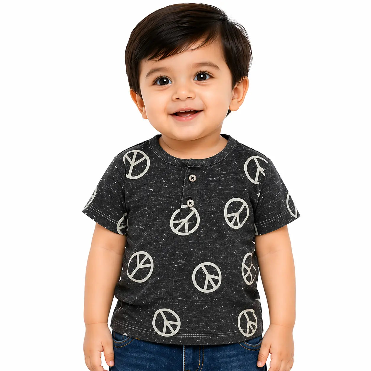 Charcoal Peace Print Kids T-Shirt – Soft Cotton Henley Summer Wear for Boys BloomUp