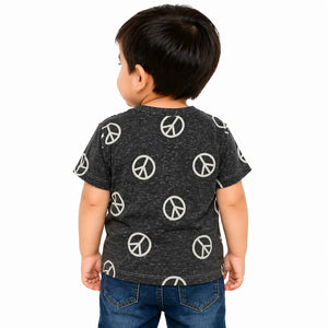 Charcoal Peace Print Kids T-Shirt – Soft Cotton Henley Summer Wear for Boys BloomUp