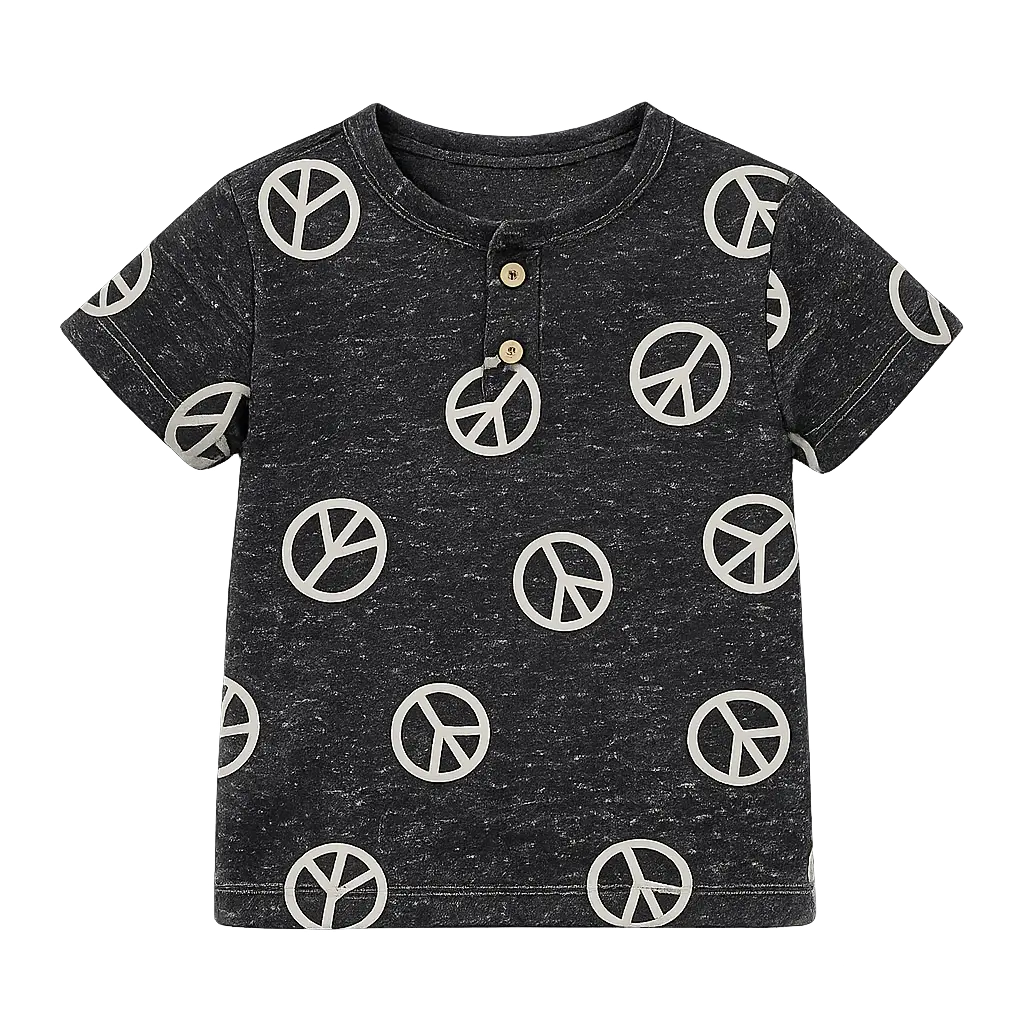 Charcoal Peace Print Kids T-Shirt – Soft Cotton Henley Summer Wear for Boys BloomUp