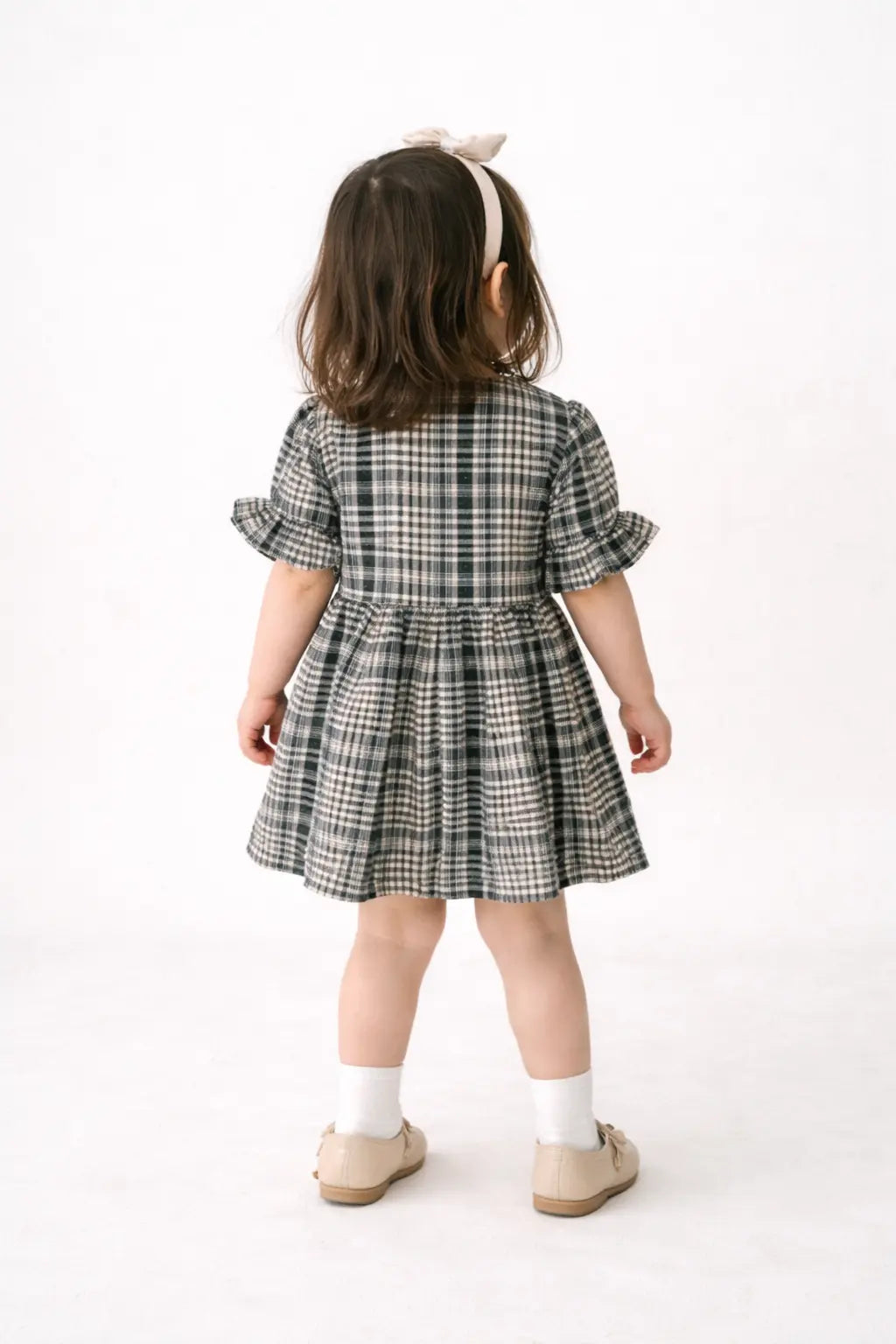 Black Checkered Puff Sleeve Kids Dress – Soft Cotton Summer Wear for Girls BloomUp
