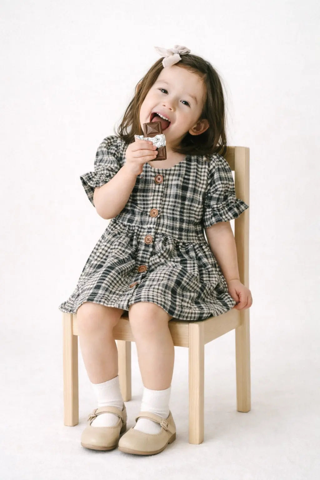 Black Checkered Puff Sleeve Kids Dress – Soft Cotton Summer Wear for Girls BloomUp