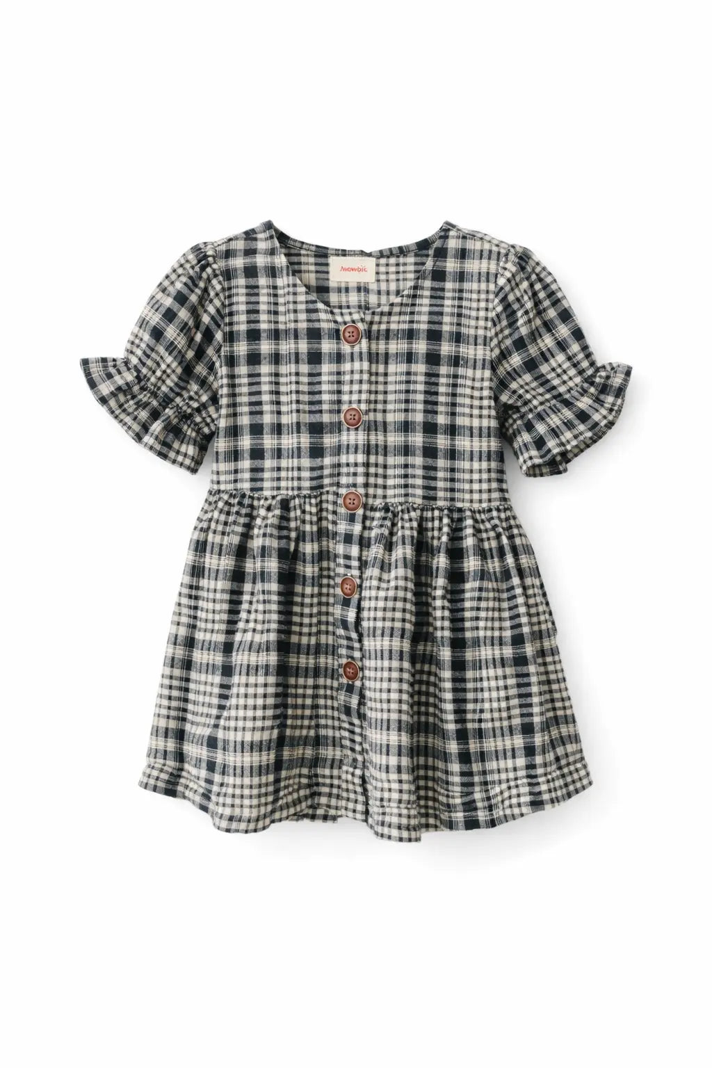 Black Checkered Puff Sleeve Kids Dress – Soft Cotton Summer Wear for Girls BloomUp