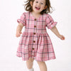 Pink Checkered Puff Sleeve Kids Dress – Soft Cotton Summer Wear for Girls