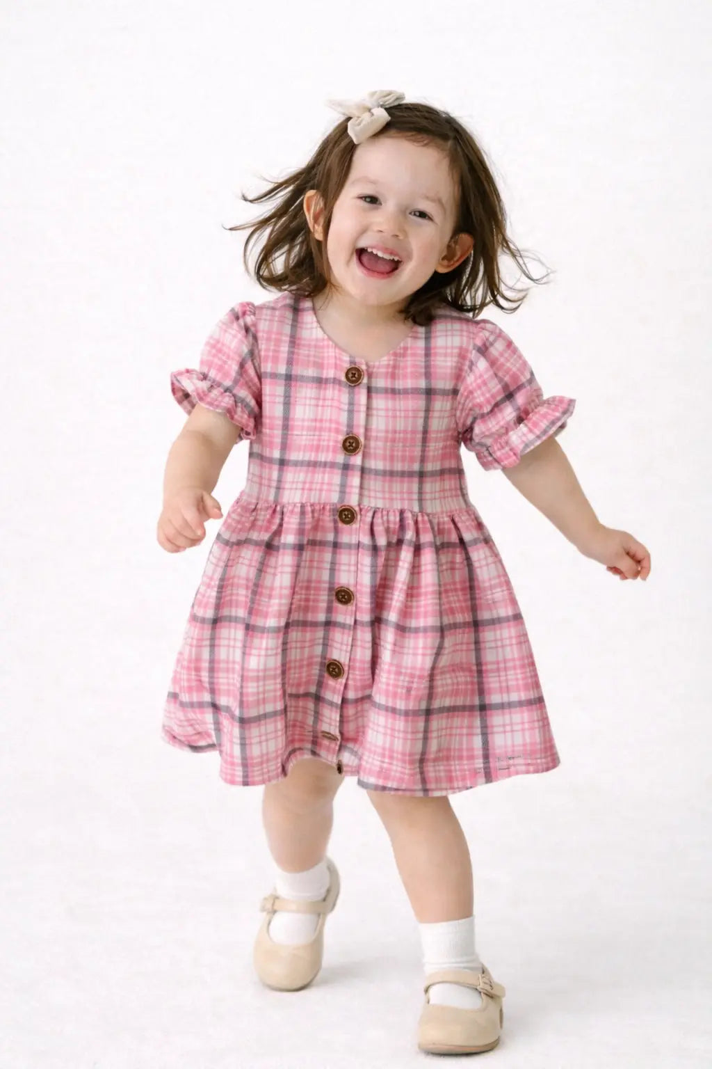 Pink Checkered Puff Sleeve Kids Dress – Soft Cotton Summer Wear for Girls Bloomup
