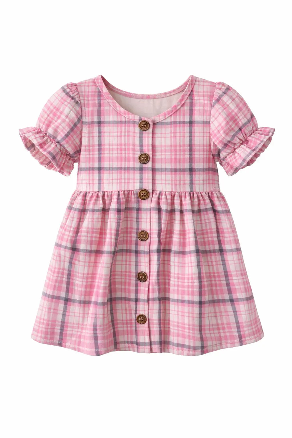Pink Checkered Puff Sleeve Kids Dress – Soft Cotton Summer Wear for Girls Bloomup