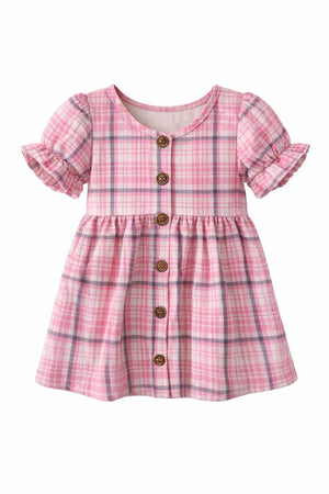 Pink Checkered Puff Sleeve Kids Dress – Soft Cotton Summer Wear for Girls Bloomup