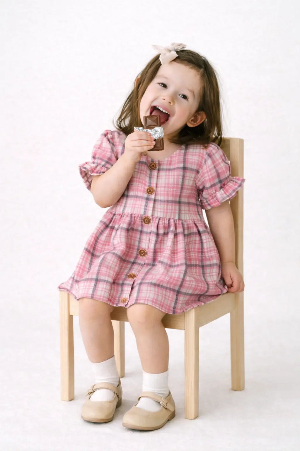 Pink Checkered Puff Sleeve Kids Dress – Soft Cotton Summer Wear for Girls Bloomup