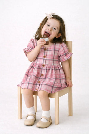 Pink Checkered Puff Sleeve Kids Dress – Soft Cotton Summer Wear for Girls Bloomup