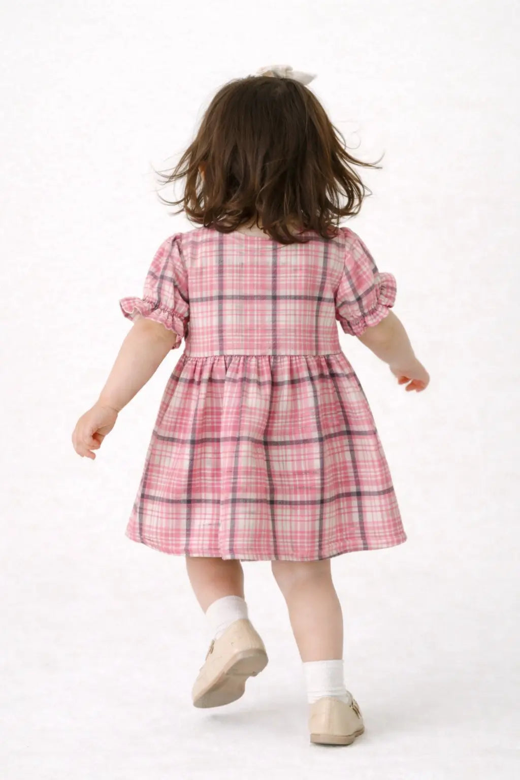 Pink Checkered Puff Sleeve Kids Dress – Soft Cotton Summer Wear for Girls Bloomup