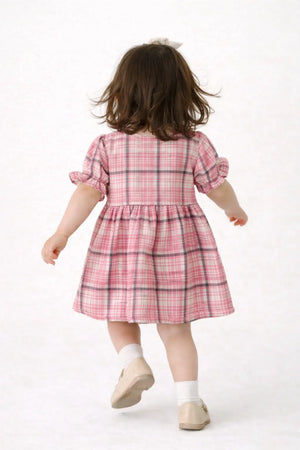Pink Checkered Puff Sleeve Kids Dress – Soft Cotton Summer Wear for Girls Bloomup