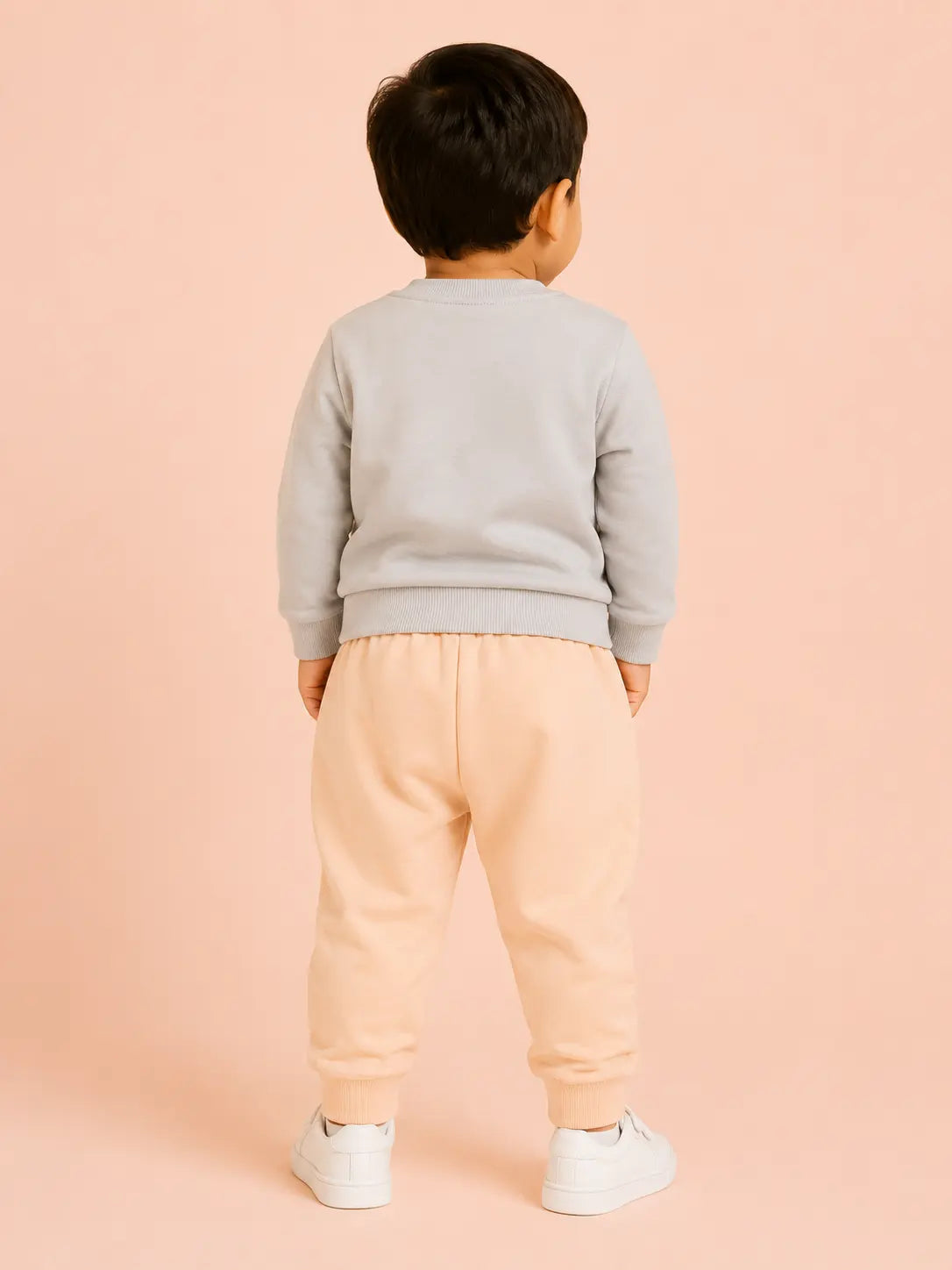 BloomUp Grey & Peach Bear Print Co-ord Set for Baby Boys – Soft Sweatshirt & Jogger Pants Set