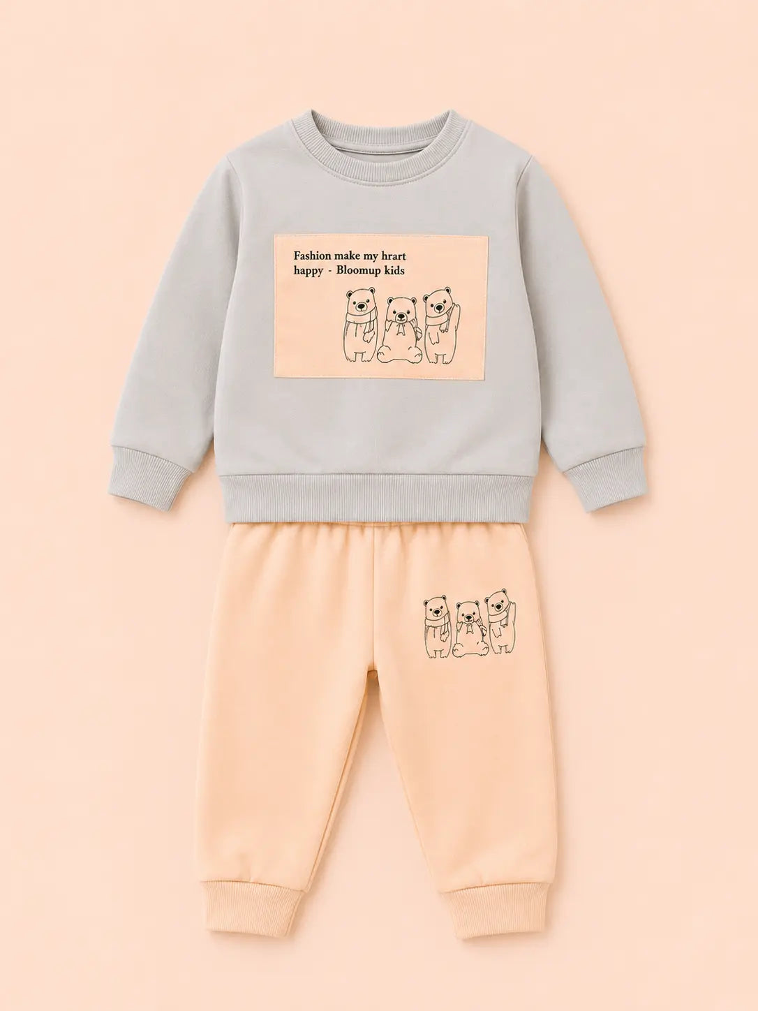 BloomUp Grey & Peach Bear Print Co-ord Set for Baby Boys – Soft Sweatshirt & Jogger Pants Set