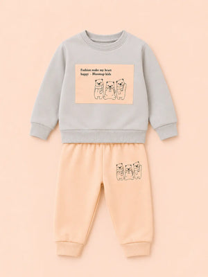 BloomUp Grey & Peach Bear Print Co-ord Set for Baby Boys – Soft Sweatshirt & Jogger Pants Set