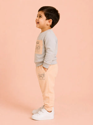 BloomUp Grey & Peach Bear Print Co-ord Set for Baby Boys – Soft Sweatshirt & Jogger Pants Set