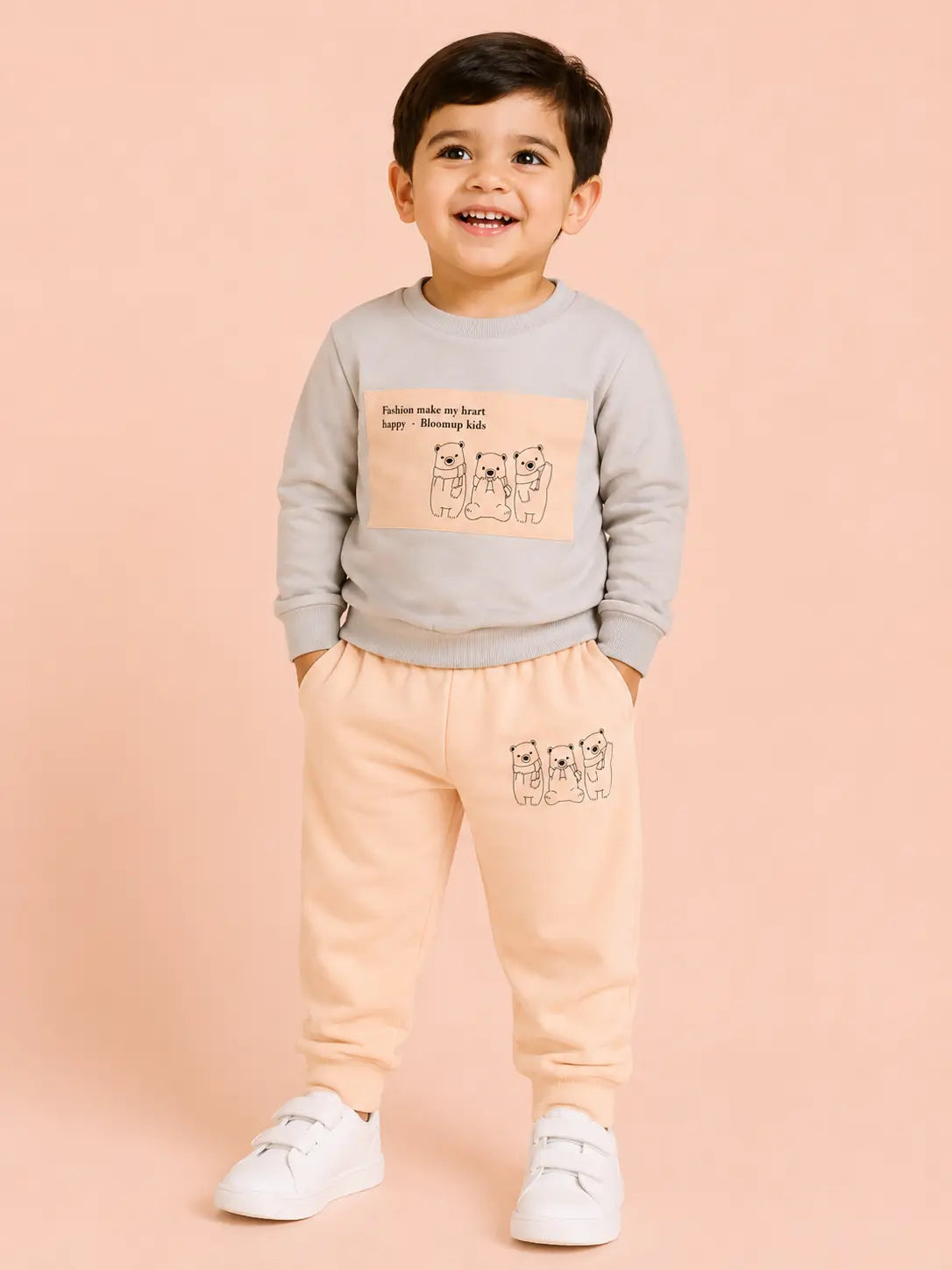 BloomUp Grey & Peach Bear Print Co-ord Set for Baby Boys – Soft Sweatshirt & Jogger Pants Set