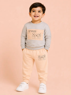 BloomUp Grey & Peach Bear Print Co-ord Set for Baby Boys – Soft Sweatshirt & Jogger Pants Set
