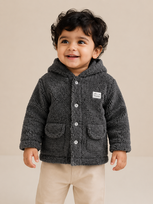 Charcoal Grey Sherpa Hooded Jacket for Baby Boys & Girls – Soft Fleece Winter Wear BloomUp