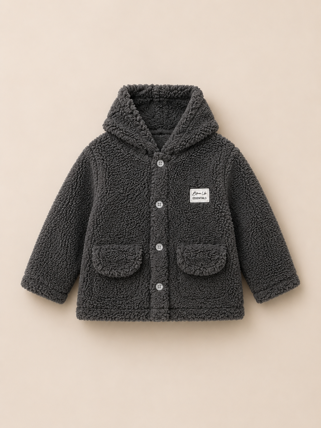 Charcoal Grey Sherpa Hooded Jacket for Baby Boys & Girls – Soft Fleece Winter Wear BloomUp