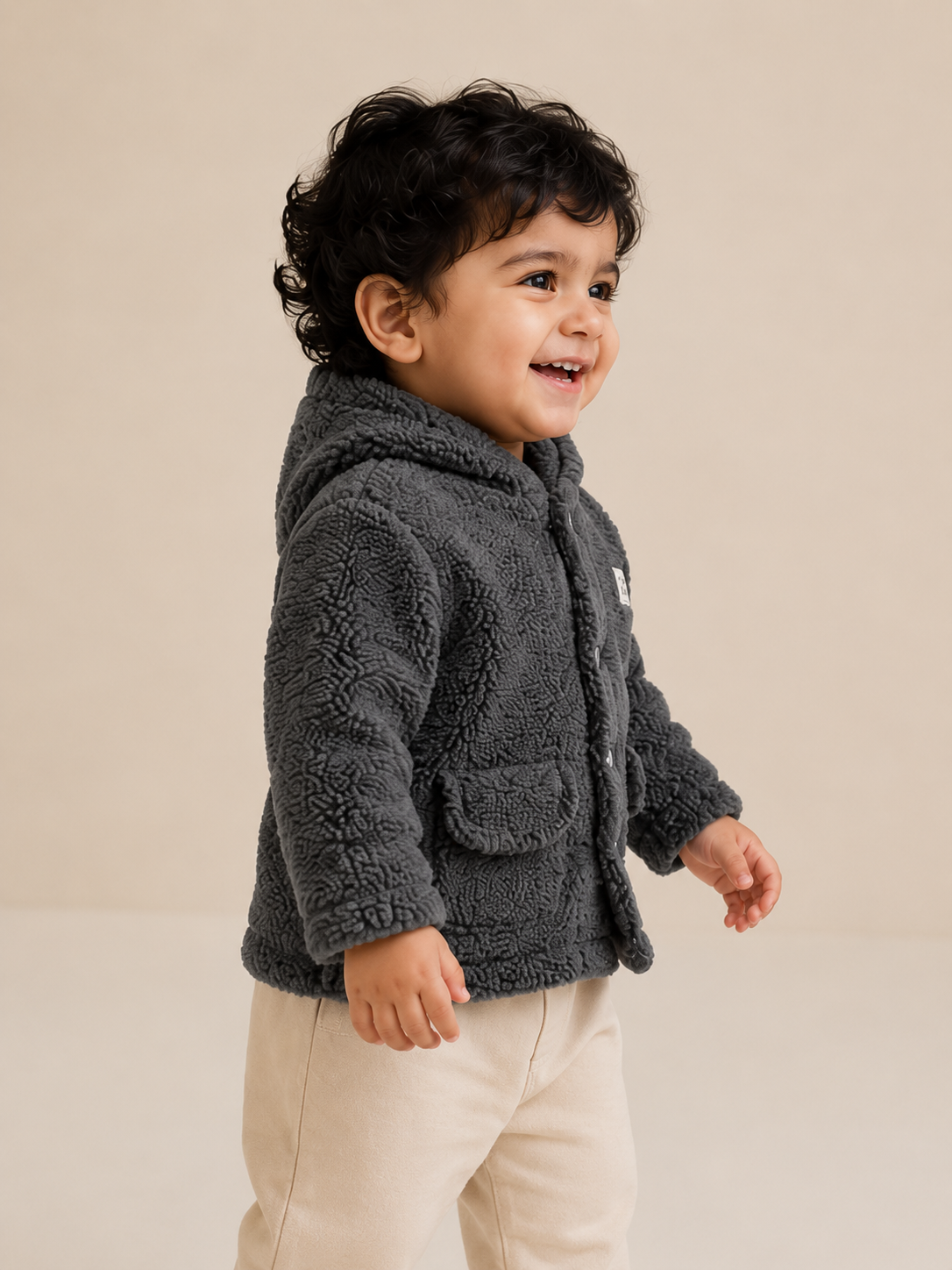 Charcoal Grey Sherpa Hooded Jacket for Baby Boys & Girls – Soft Fleece Winter Wear BloomUp