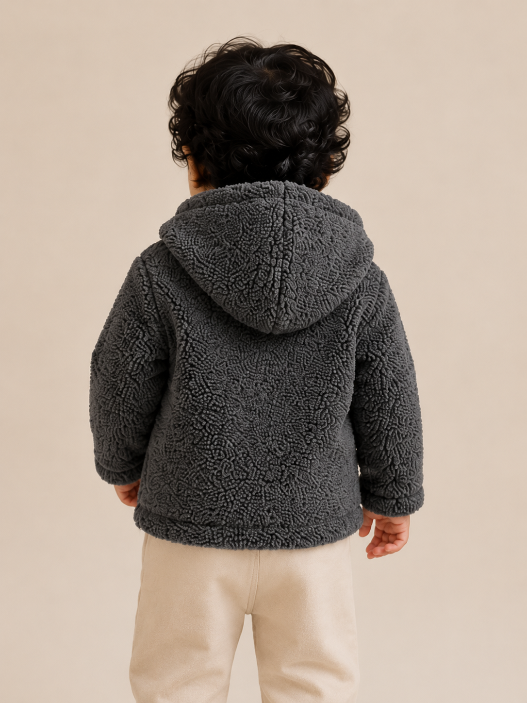 Charcoal Grey Sherpa Hooded Jacket for Baby Boys & Girls – Soft Fleece Winter Wear BloomUp