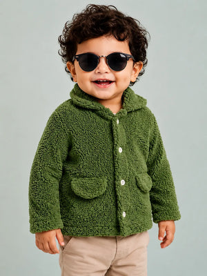 BloomUp Green Teddy Fleece Hooded Jacket for Kids – Ultra Soft Winter Button Coat with Pockets Warm Cozy Outerwear