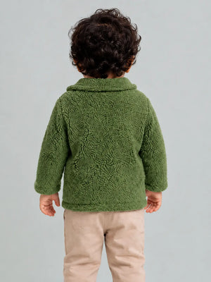 BloomUp Green Teddy Fleece Hooded Jacket for Kids – Ultra Soft Winter Button Coat with Pockets Warm Cozy Outerwear
