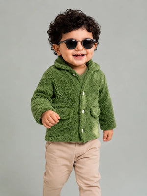 BloomUp Green Teddy Fleece Hooded Jacket for Kids – Ultra Soft Winter Button Coat with Pockets Warm Cozy Outerwear