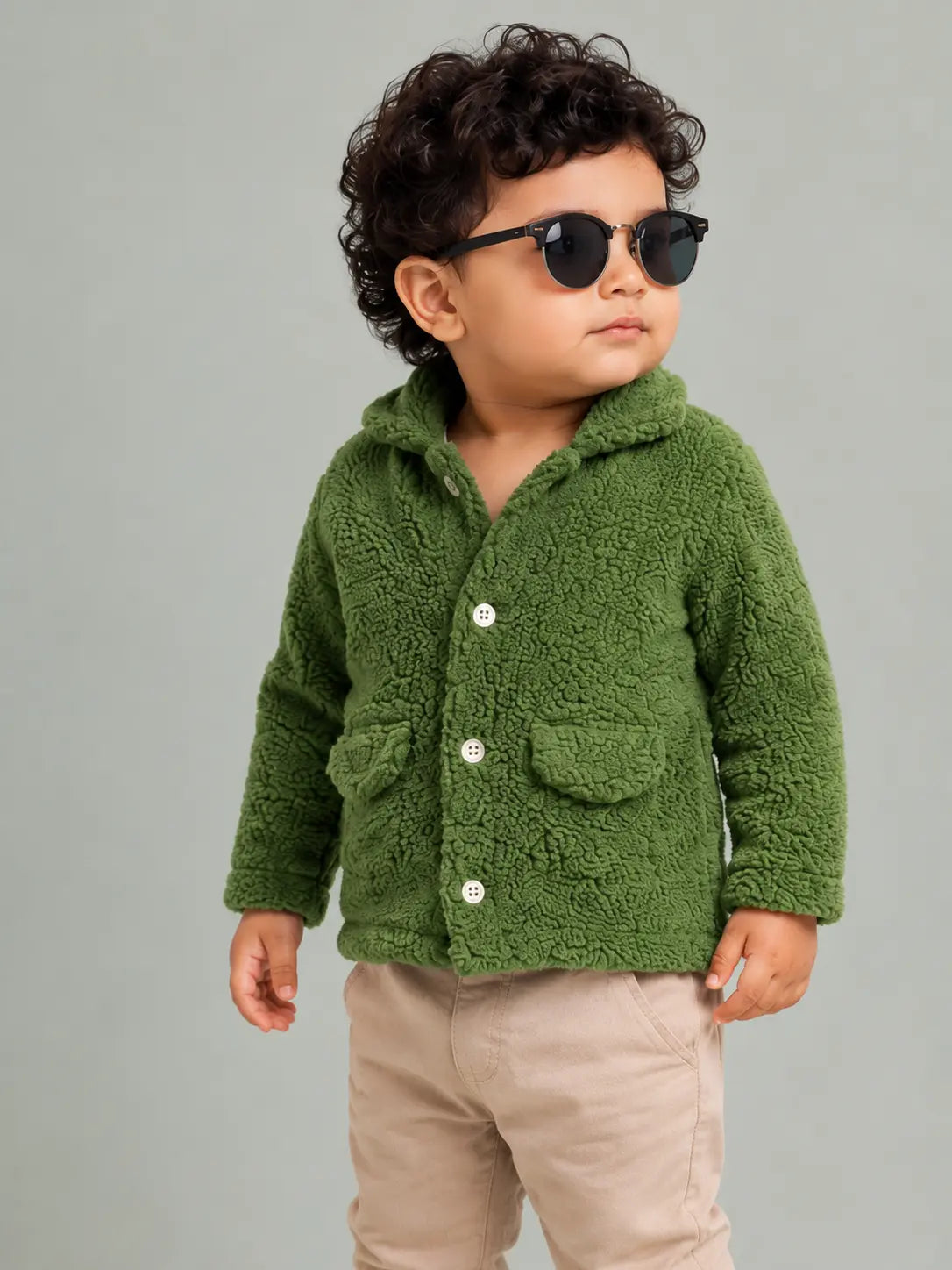 BloomUp Green Teddy Fleece Hooded Jacket for Kids – Ultra Soft Winter Button Coat with Pockets Warm Cozy Outerwear
