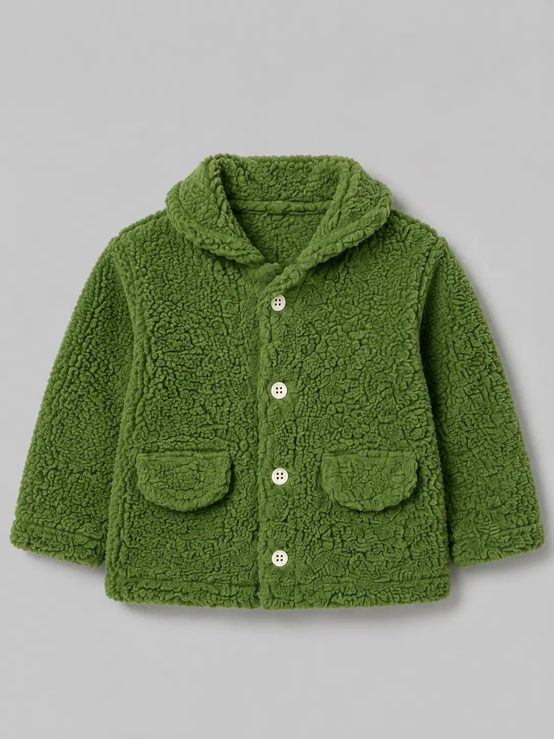 BloomUp Green Teddy Fleece Hooded Jacket for Kids – Ultra Soft Winter Button Coat with Pockets Warm Cozy Outerwear