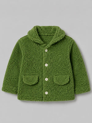 BloomUp Green Teddy Fleece Hooded Jacket for Kids – Ultra Soft Winter Button Coat with Pockets Warm Cozy Outerwear