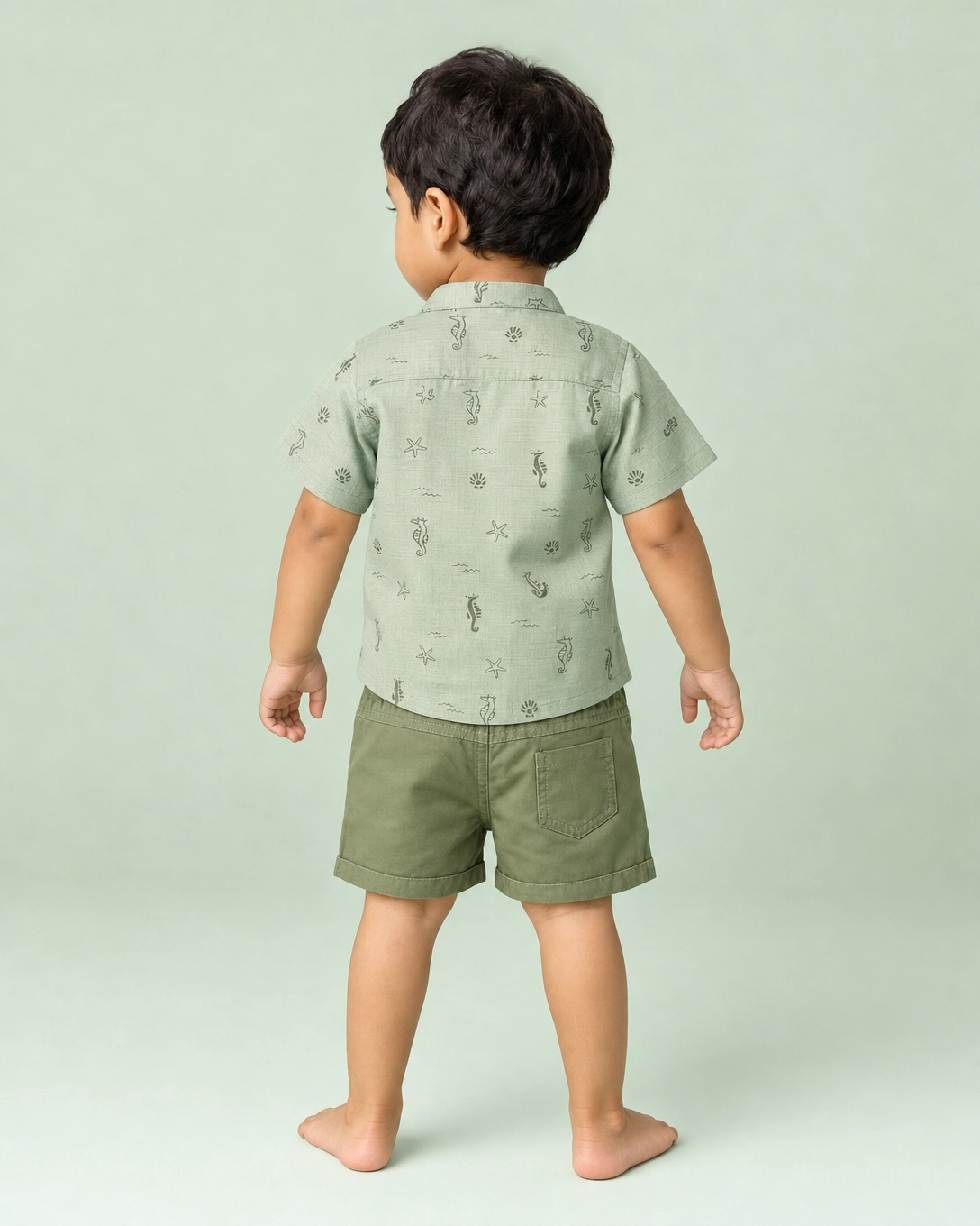 Boys Tea Green Printed Shirt & Shorts Set Kidswear Cotton BloomUp