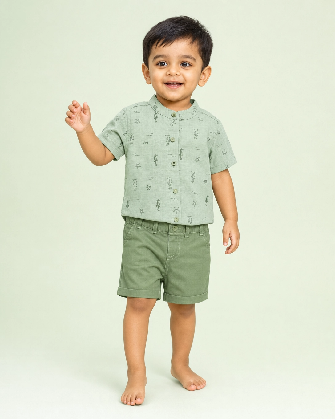 Boys Tea Green Printed Shirt & Shorts Set Kidswear Cotton BloomUp