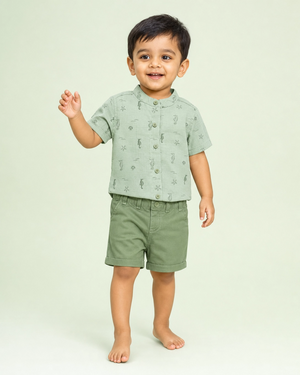 Boys Tea Green Printed Shirt & Shorts Set Kidswear Cotton BloomUp