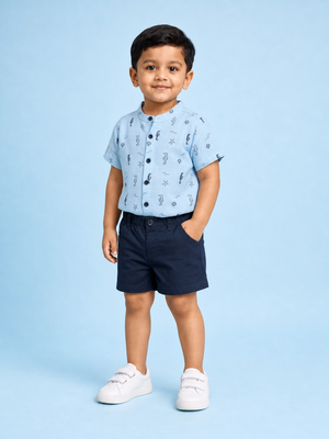 Boys Aqua Printed Shirt & Navy Shorts Set Kidswear Cotton BloomUp