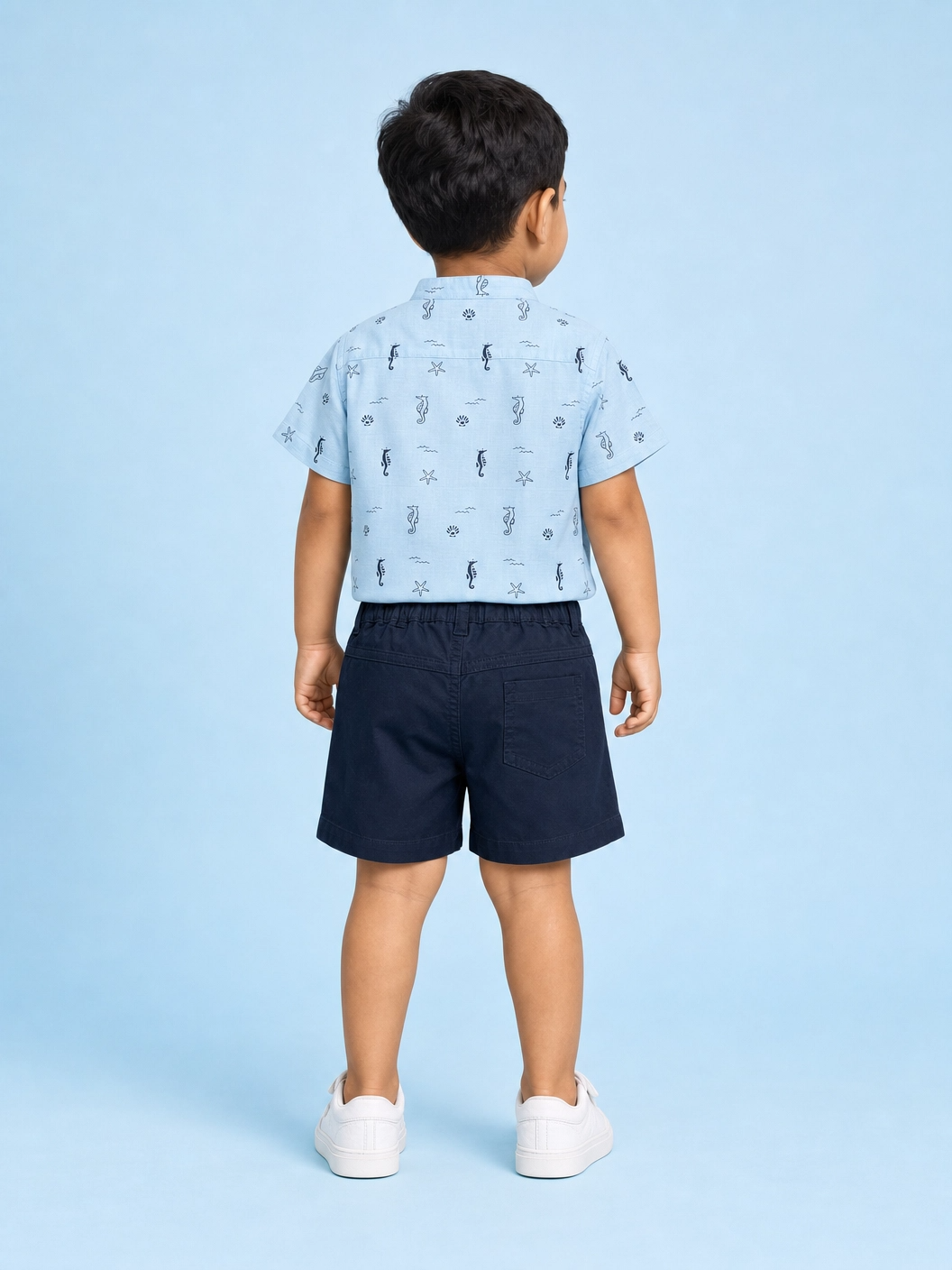 Boys Aqua Printed Shirt & Navy Shorts Set Kidswear Cotton BloomUp
