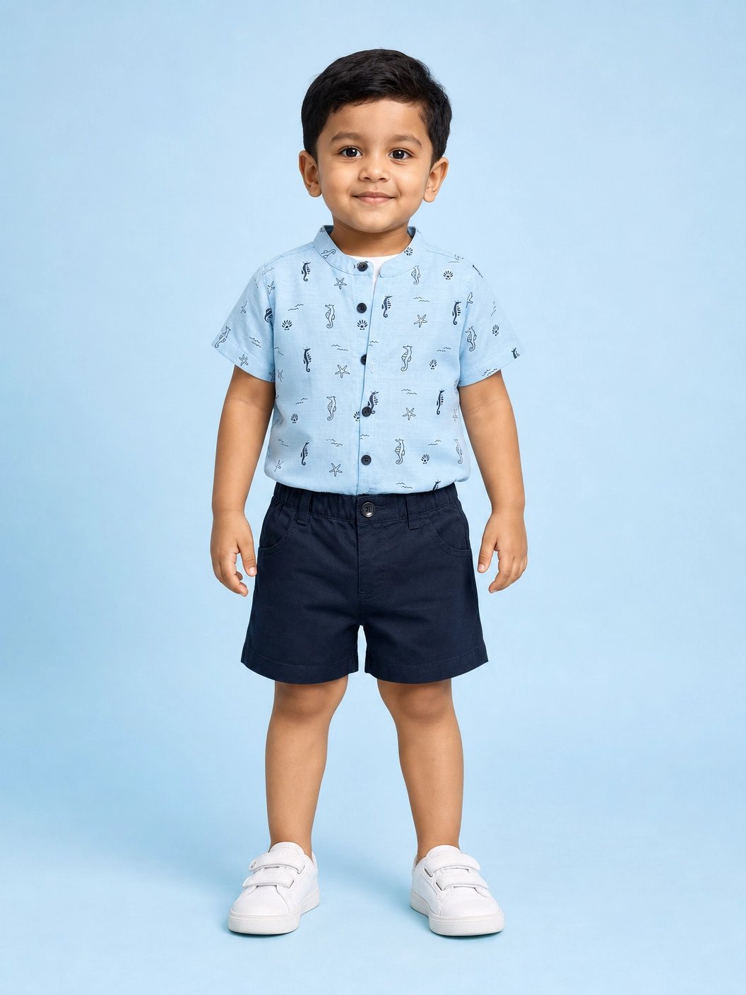 Boys Aqua Printed Shirt & Navy Shorts Set Kidswear Cotton BloomUp