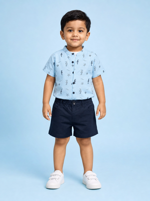 Boys Aqua Printed Shirt & Navy Shorts Set Kidswear Cotton BloomUp
