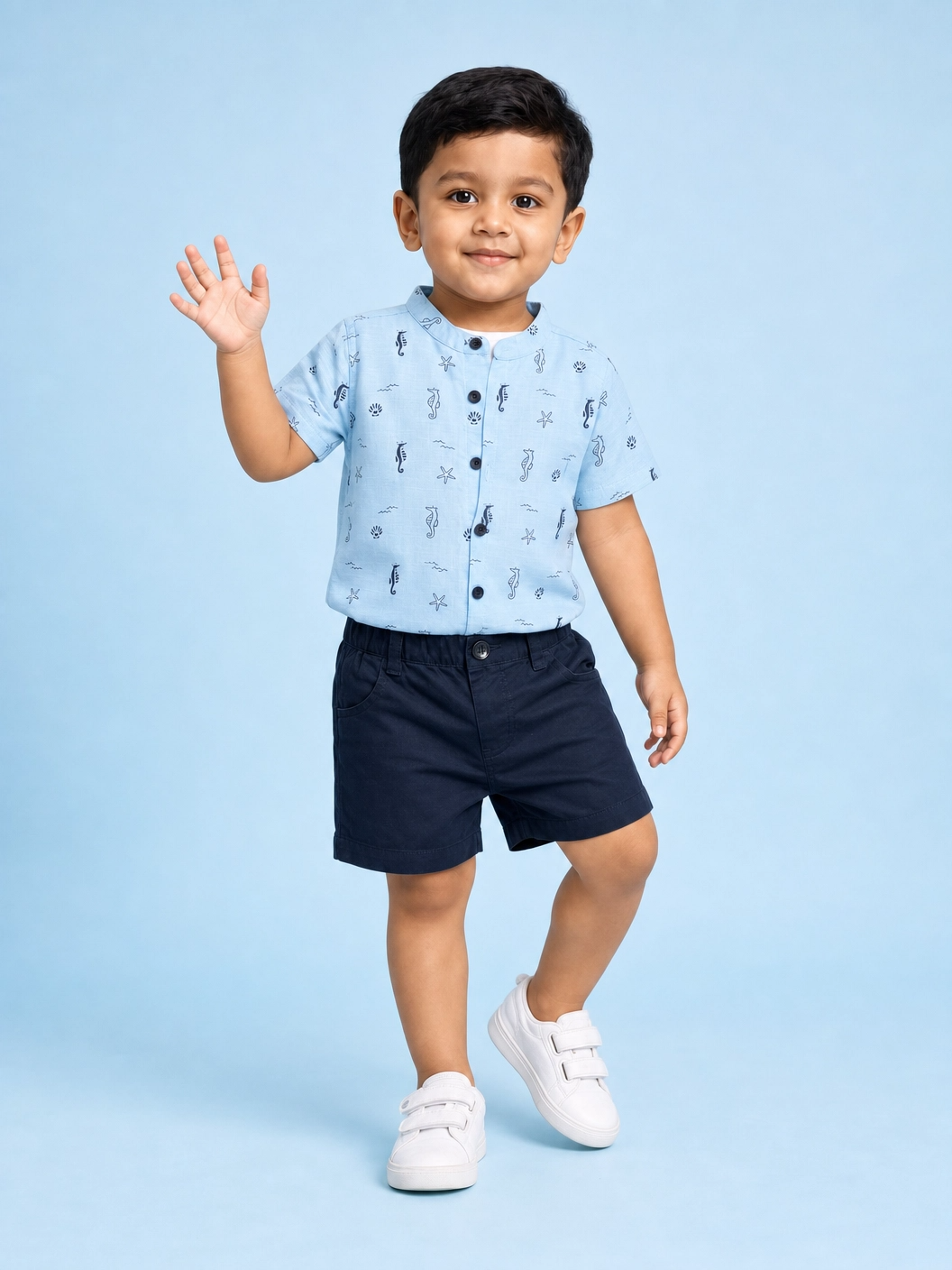 Boys Aqua Printed Shirt & Navy Shorts Set Kidswear Cotton BloomUp