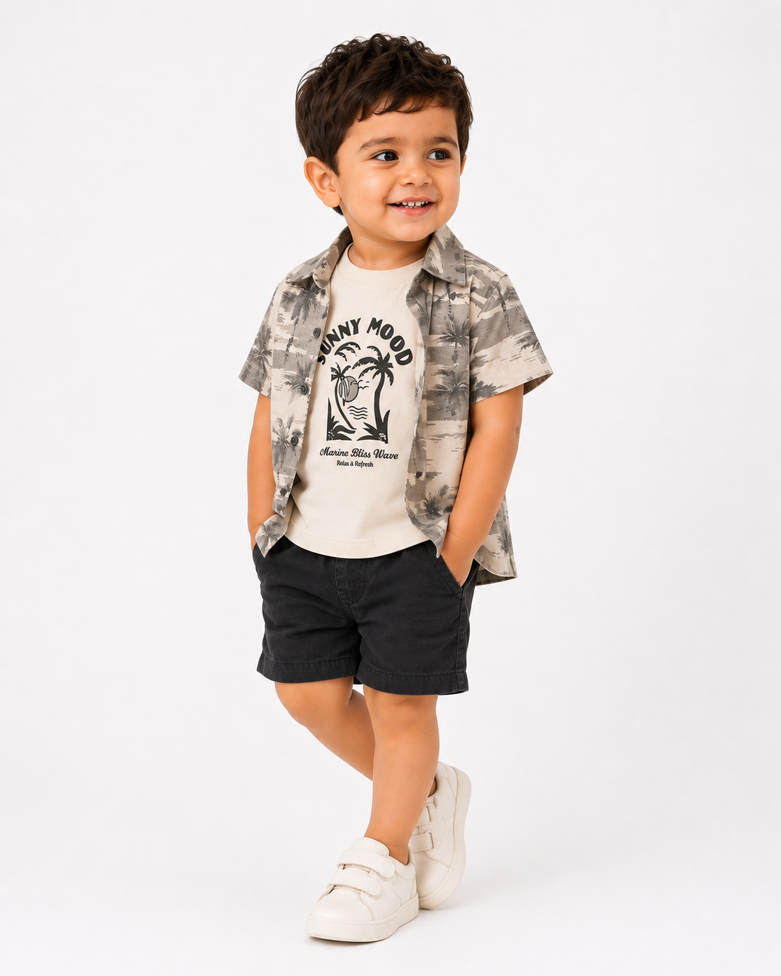 Boys Grey Geometric Printed Shorts Soft Cotton Clothing Set BloomUp