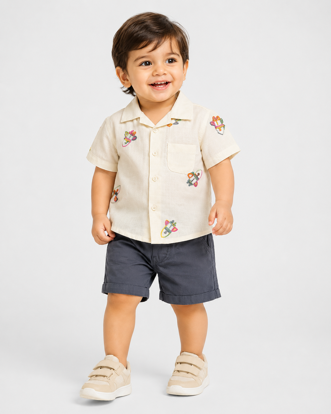 Boys White Printed Shirt With Soft Cotton Clothing Set BloomUp