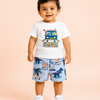 White Summer Paradise T-Shirt & Dinosaur Print Shorts Set for Boys – Fun Casual Summer Outfit