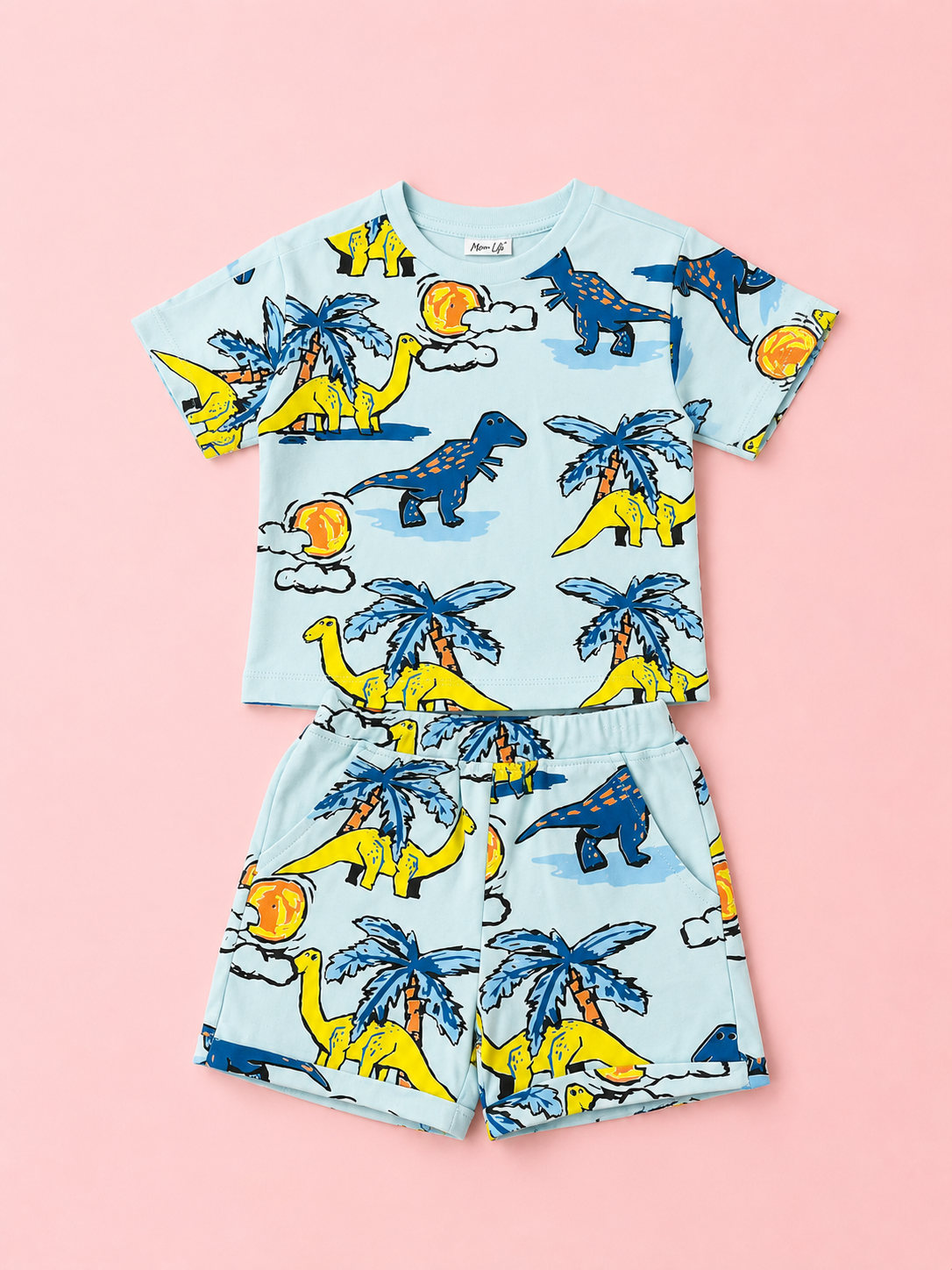 Sky Blue Dinosaur Print T-Shirt & Shorts Co-ord Set for Boys – Fun Casual Summer Outfit BloomUp