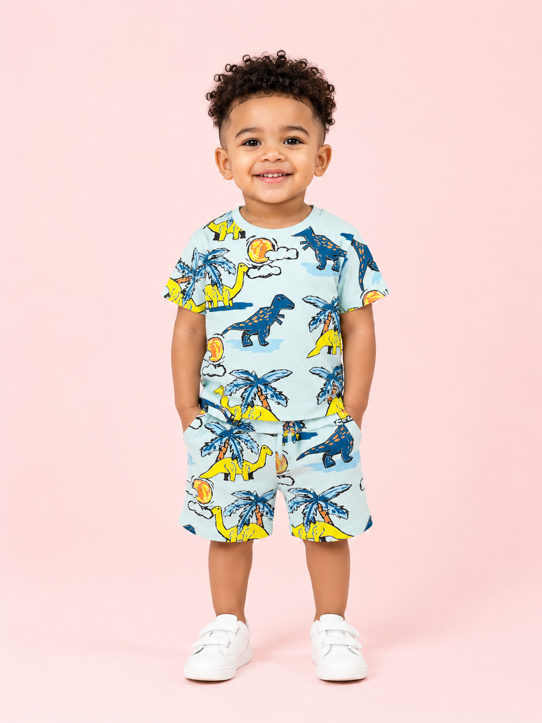 Sky Blue Dinosaur Print T-Shirt & Shorts Co-ord Set for Boys – Fun Casual Summer Outfit BloomUp