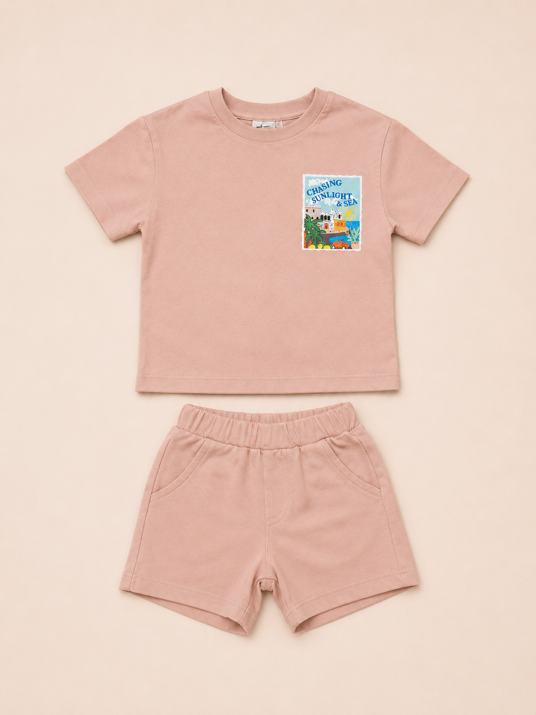 Pink Seaside Graphic T-Shirt & Shorts Set for Toddlers – Soft Cotton Summer Wear BloomUp