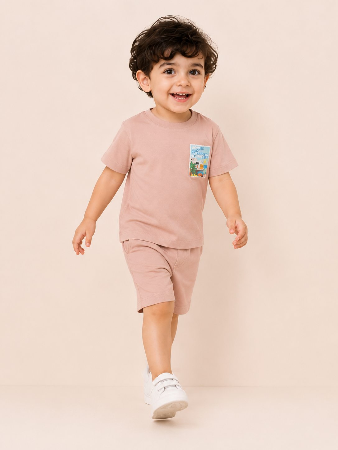 Pink Seaside Graphic T-Shirt & Shorts Set for Toddlers – Soft Cotton Summer Wear BloomUp