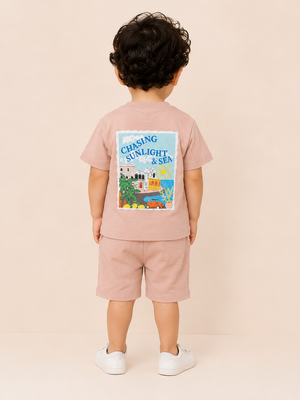 Pink Seaside Graphic T-Shirt & Shorts Set for Toddlers – Soft Cotton Summer Wear BloomUp