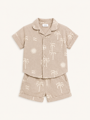 Boys Beige Printed Short Sleeved Soft Cotton Clothing Set BloomUp